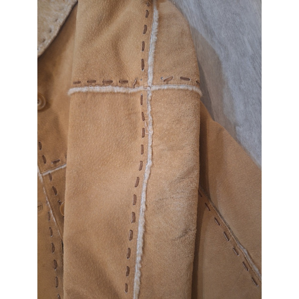 Guess Vintage Y2K Tan Genuine Suede Leather Faux Fur Lined Button Closure Coat M - Picture 4 of 10